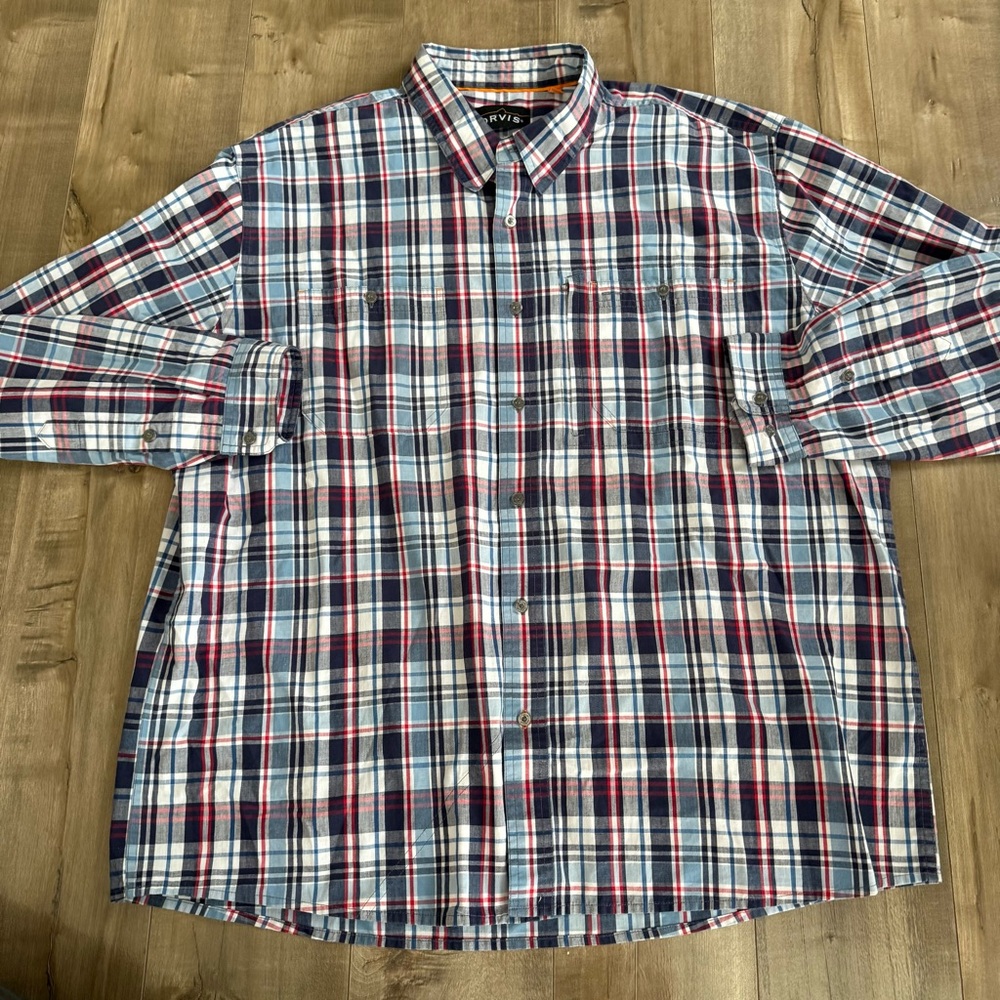 Orvis Button Up Shirt Men XXL Check Plaid Blue Red White Pocket - Picture 1 of 9